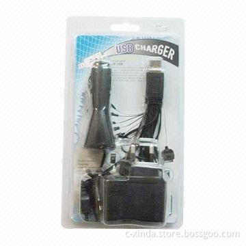 3-in-1 USB Charger for iPod/iPhone/iPad, with 5V, 1,000mAh Output Power and 10-in-1 USB Cable
